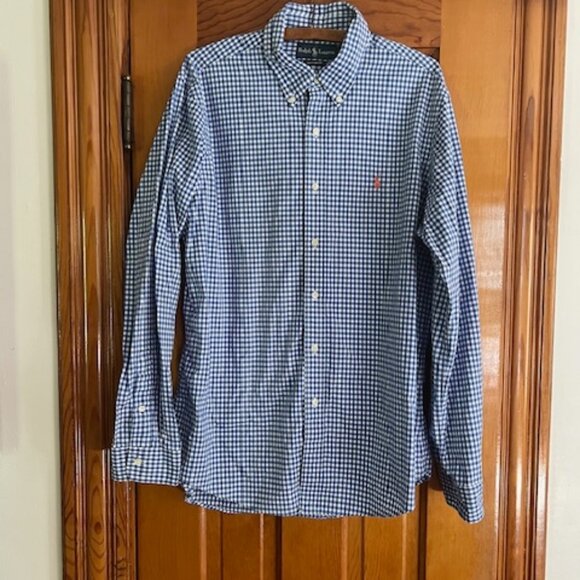 VINTAGE Ralph Lauren Custom Fit  Gingham Plaid  BLU/WHT Check Men's Shirt Large - Picture 4 of 9
